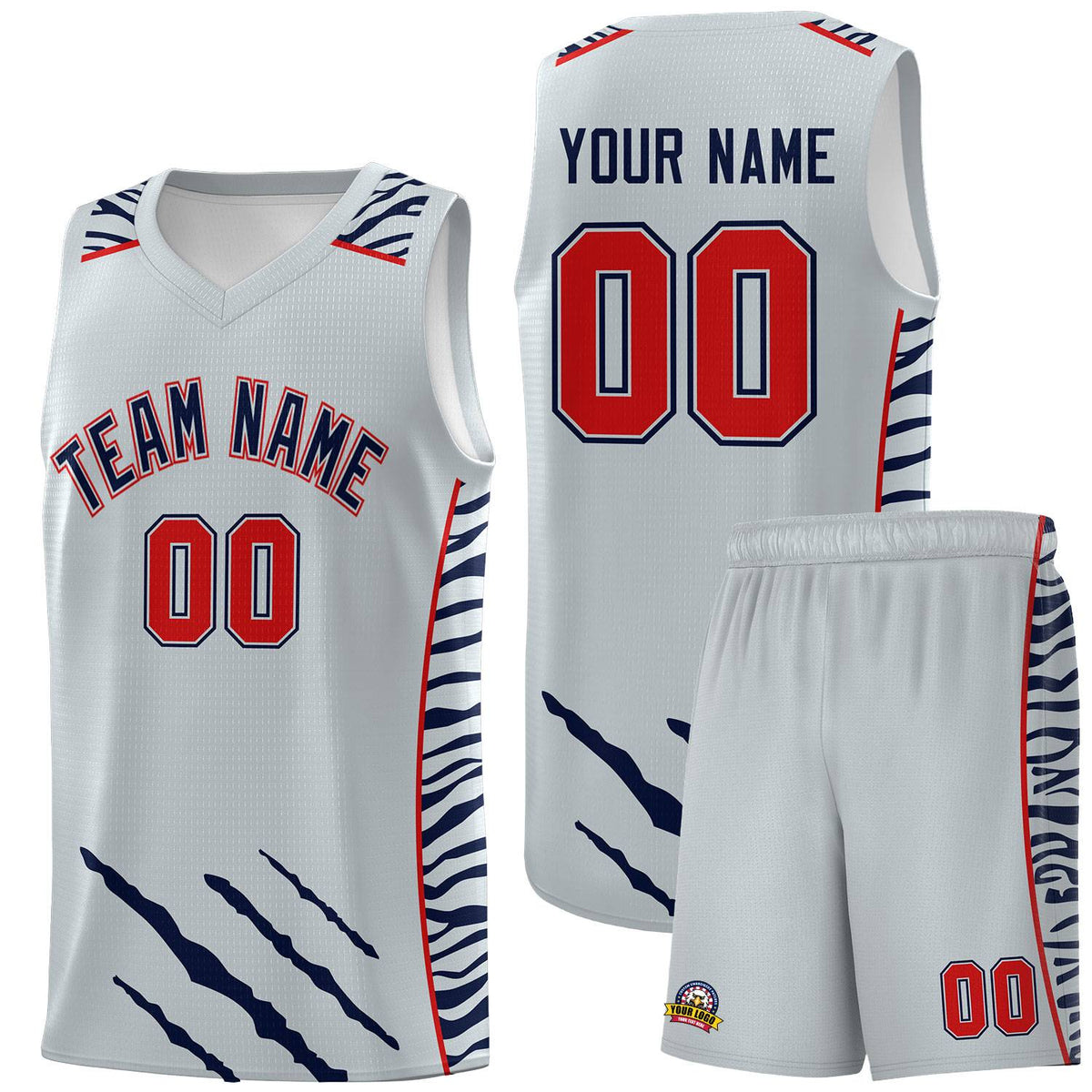 Custom Silver Personalized Tiger Claw Pattern Sports Uniform Basketball Jersey