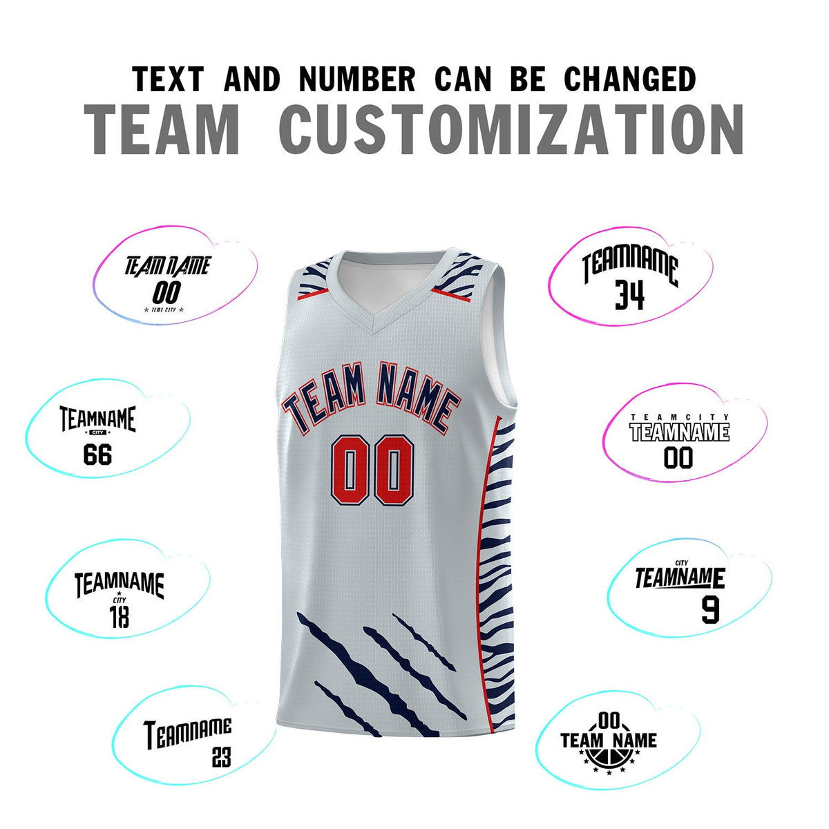 Custom Silver Personalized Tiger Claw Pattern Sports Uniform Basketball Jersey