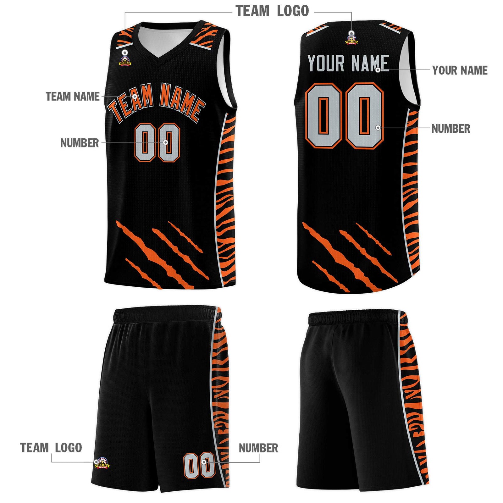 Custom Black Personalized Tiger Claw Pattern Sports Uniform Basketball Jersey
