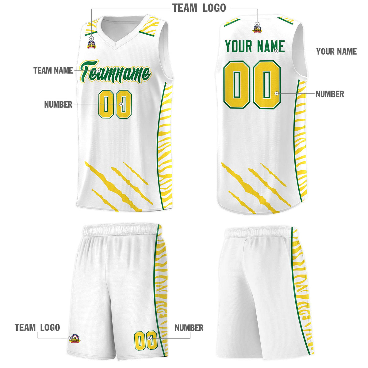 Custom White Personalized Tiger Claw Pattern Sports Uniform Basketball Jersey