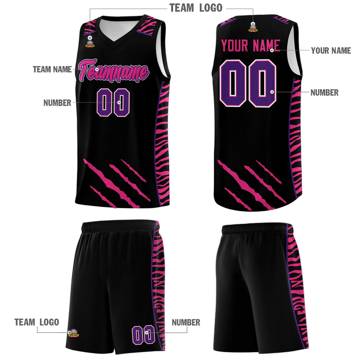 Custom Black Personalized Tiger Claw Pattern Sports Uniform Basketball Jersey