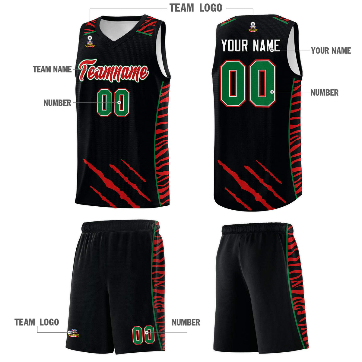 Custom Black Personalized Tiger Claw Pattern Sports Uniform Basketball Jersey