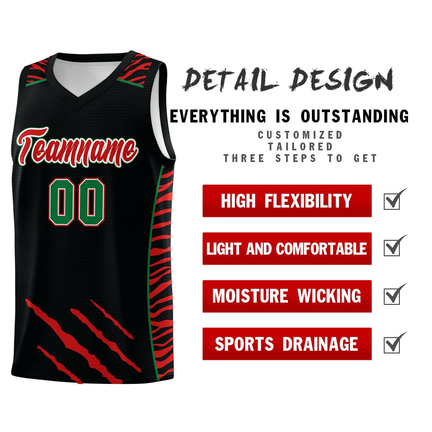 Custom Black Personalized Tiger Claw Pattern Sports Uniform Basketball Jersey