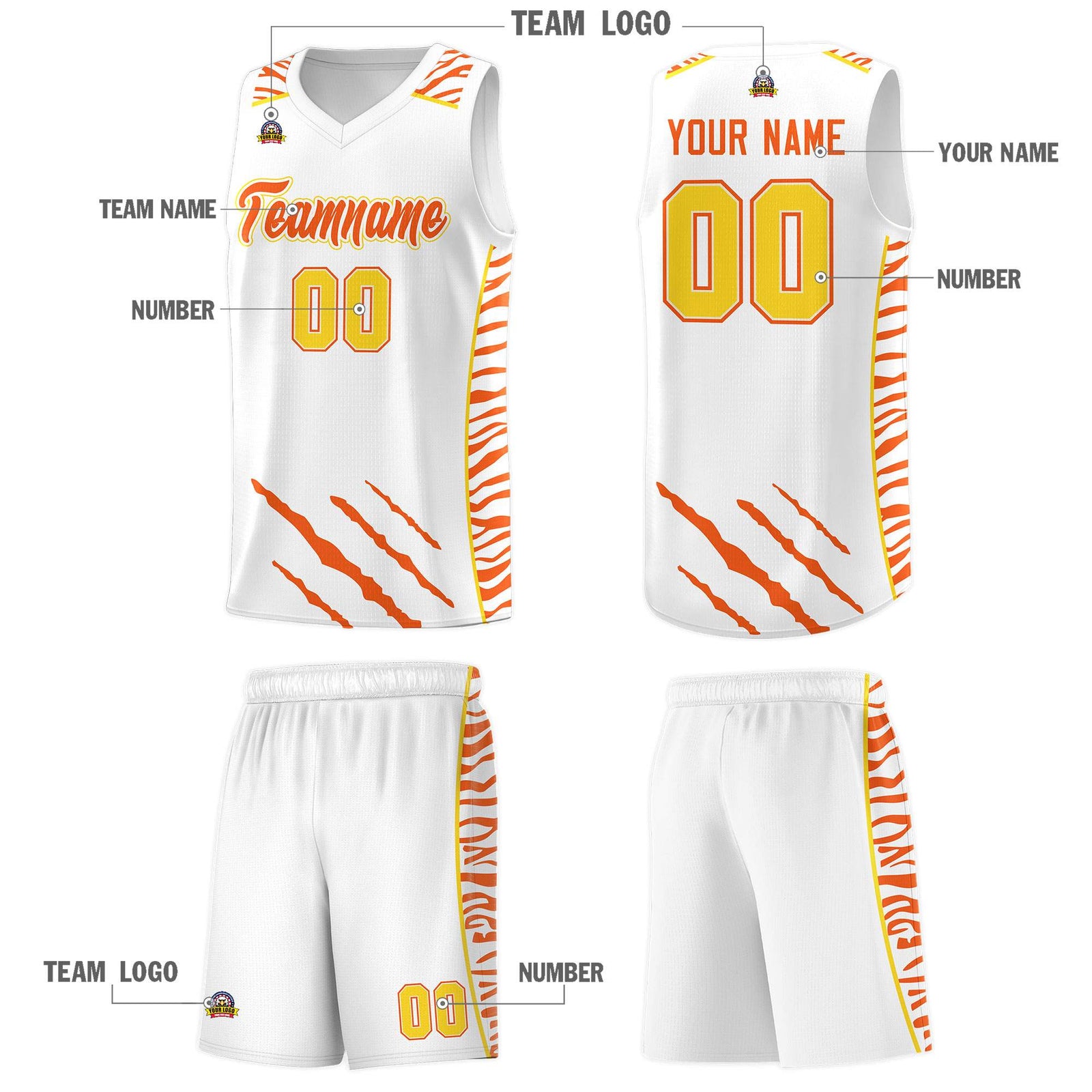 Custom White Personalized Tiger Claw Pattern Sports Uniform Basketball Jersey