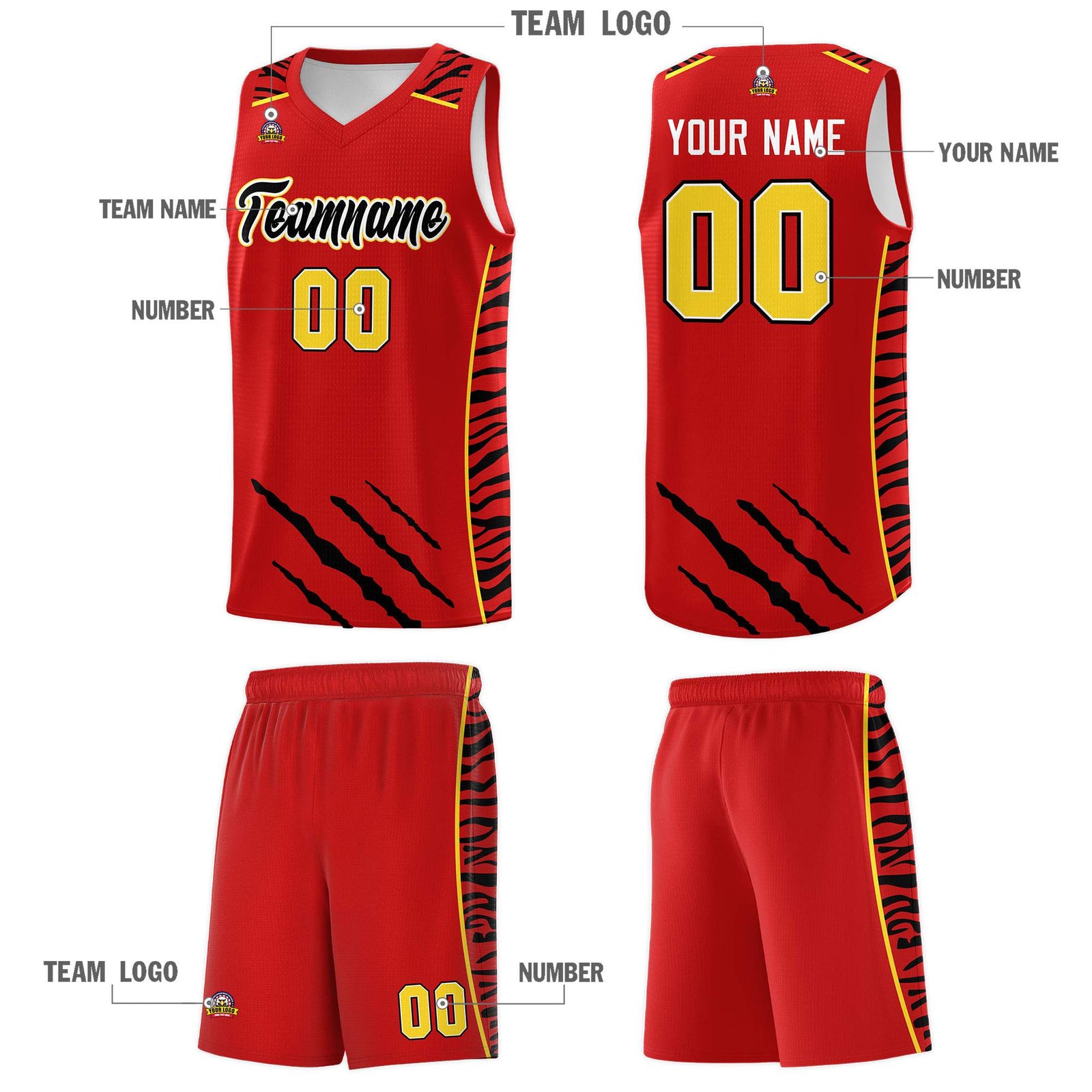 Custom Red Personalized Tiger Claw Pattern Sports Uniform Basketball Jersey