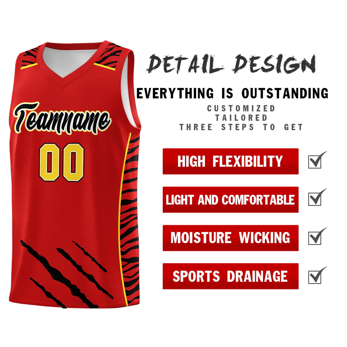 Custom Red Personalized Tiger Claw Pattern Sports Uniform Basketball Jersey