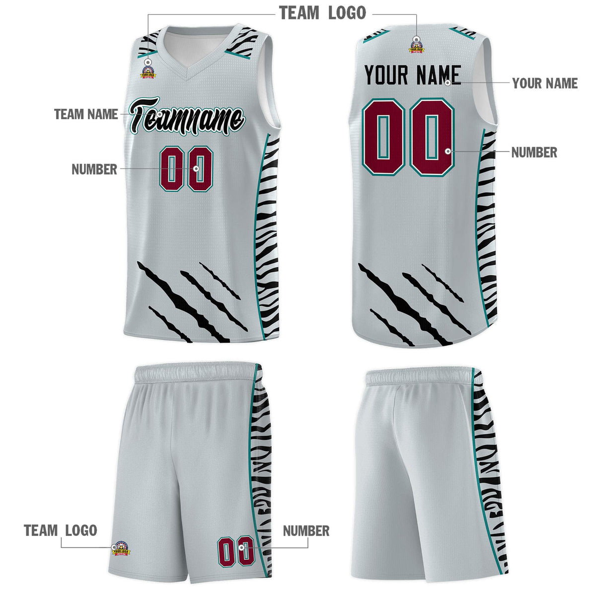 Custom Silver Personalized Tiger Claw Pattern Sports Uniform Basketball Jersey