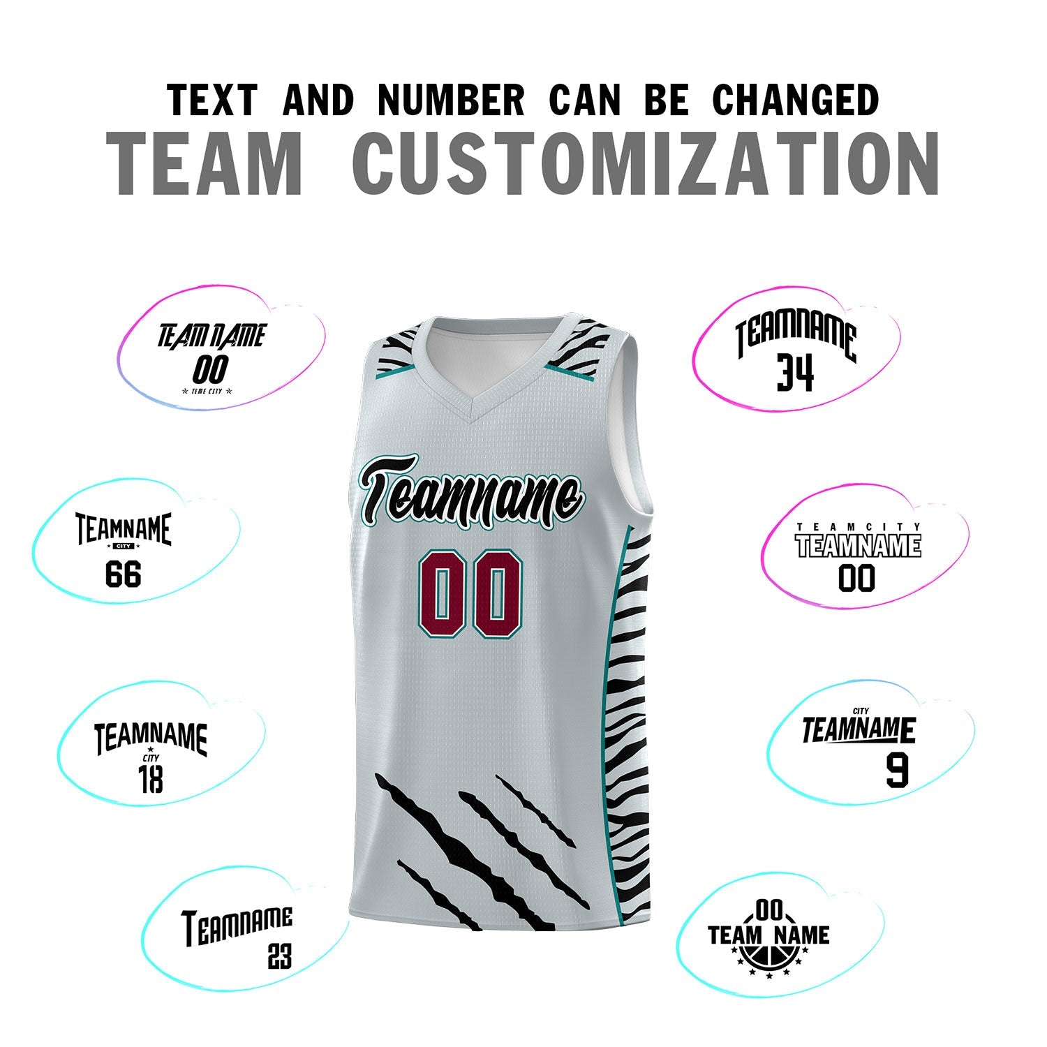 Custom Silver Personalized Tiger Claw Pattern Sports Uniform Basketball Jersey