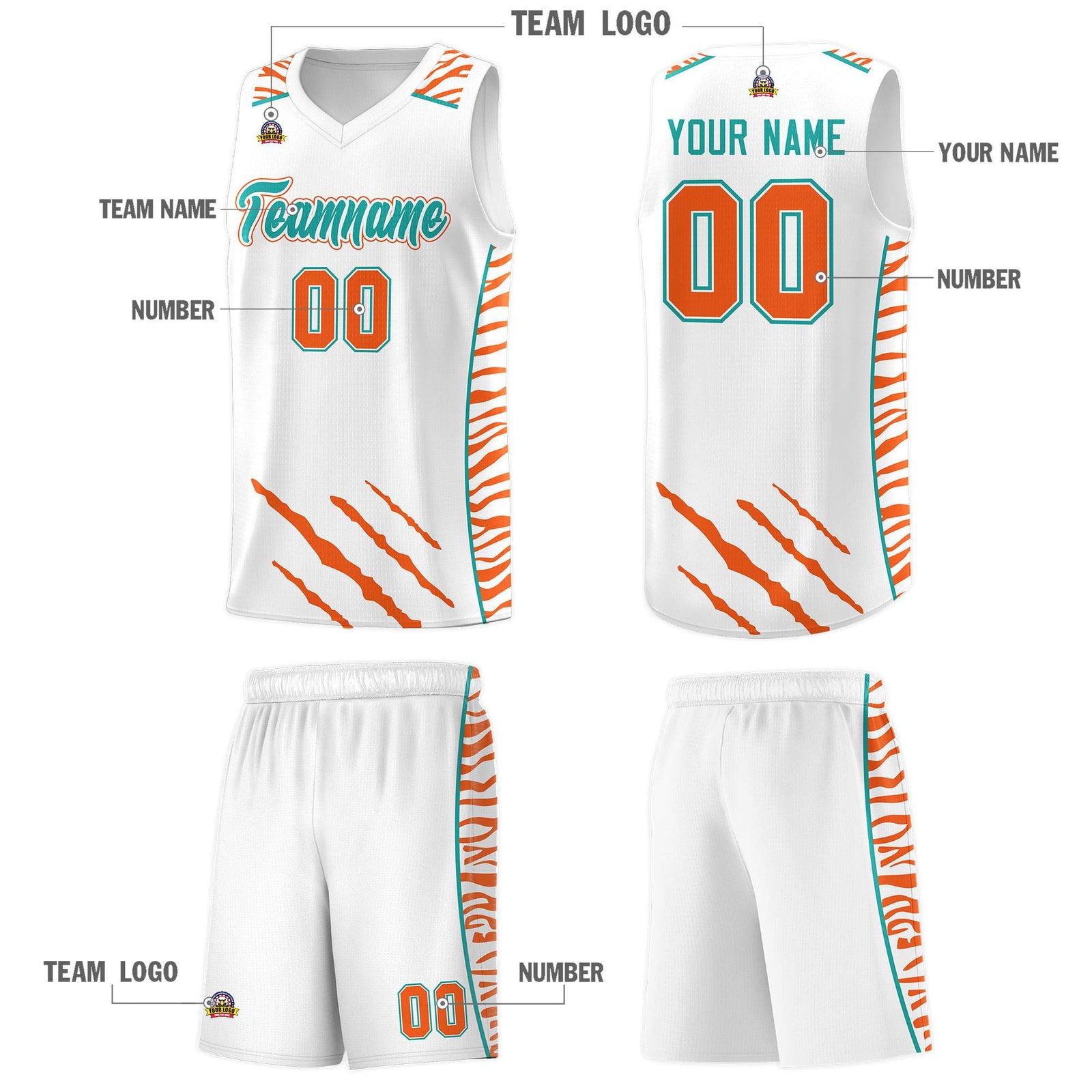 Custom White Personalized Tiger Claw Pattern Sports Uniform Basketball Jersey