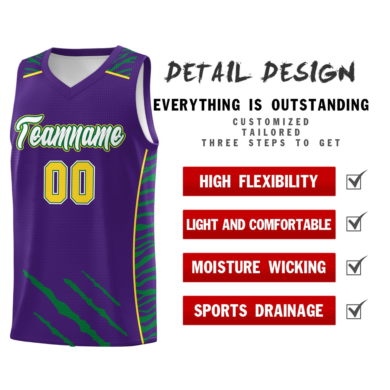 Custom Purple Personalized Tiger Claw Pattern Sports Uniform Basketball Jersey