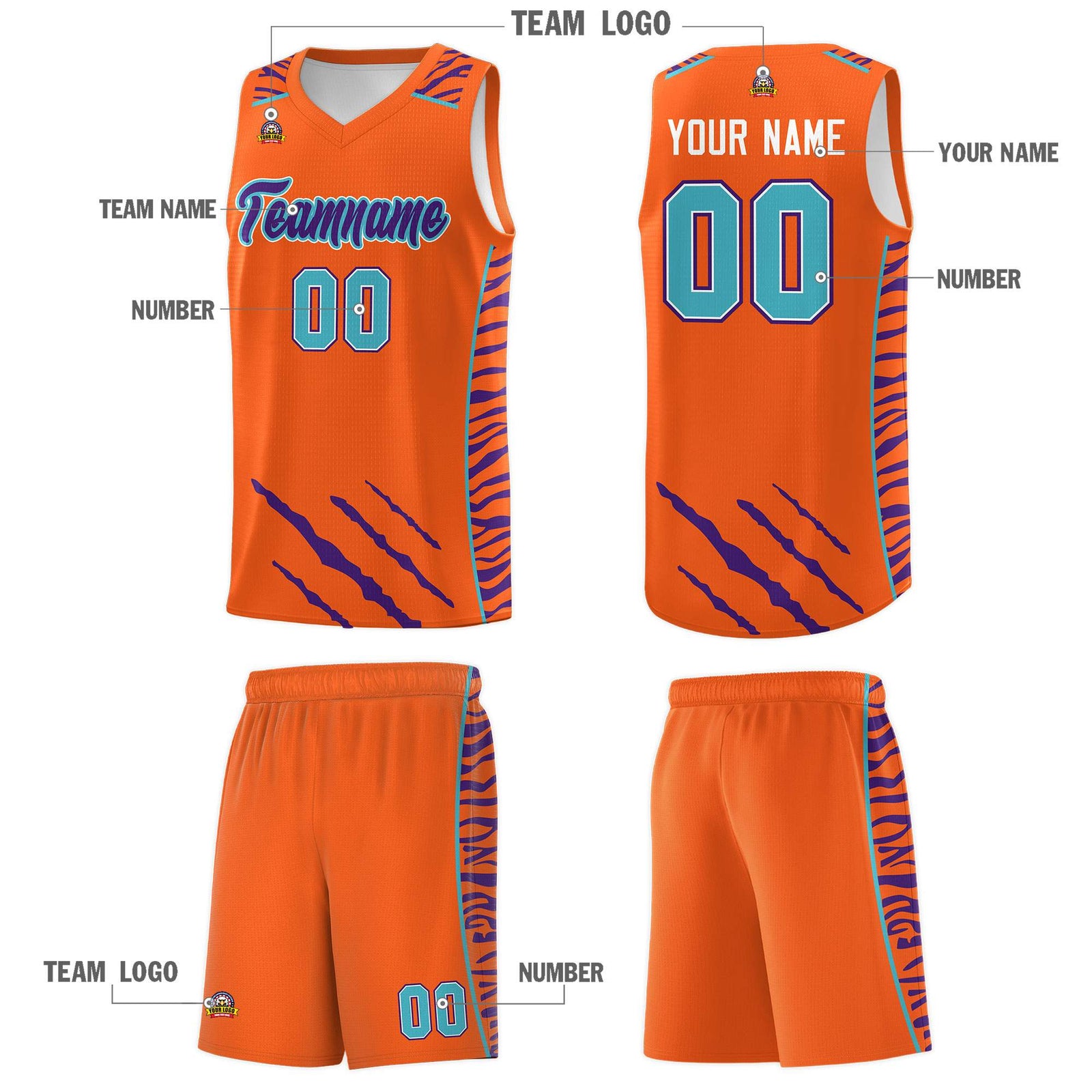 Custom Orange Personalized Tiger Claw Pattern Sports Uniform Basketball Jersey