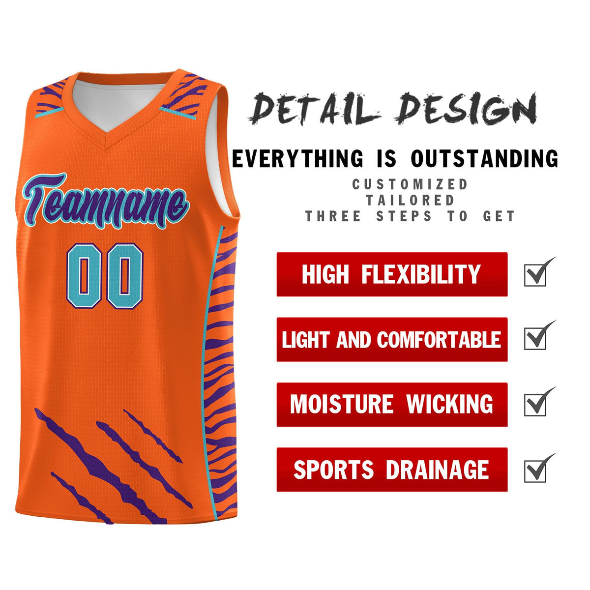 Custom Orange Personalized Tiger Claw Pattern Sports Uniform Basketball Jersey