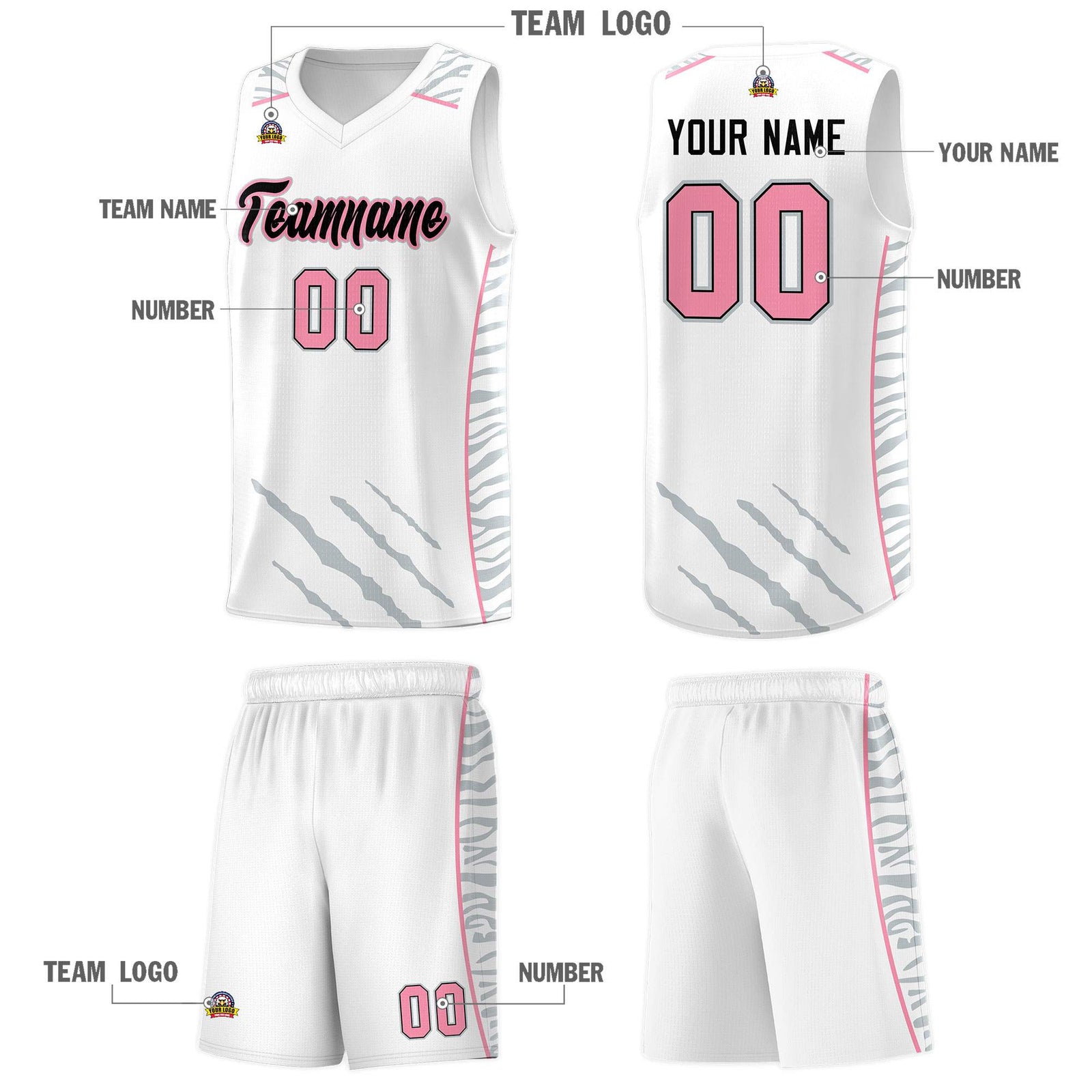 Custom White Personalized Tiger Claw Pattern Sports Uniform Basketball Jersey
