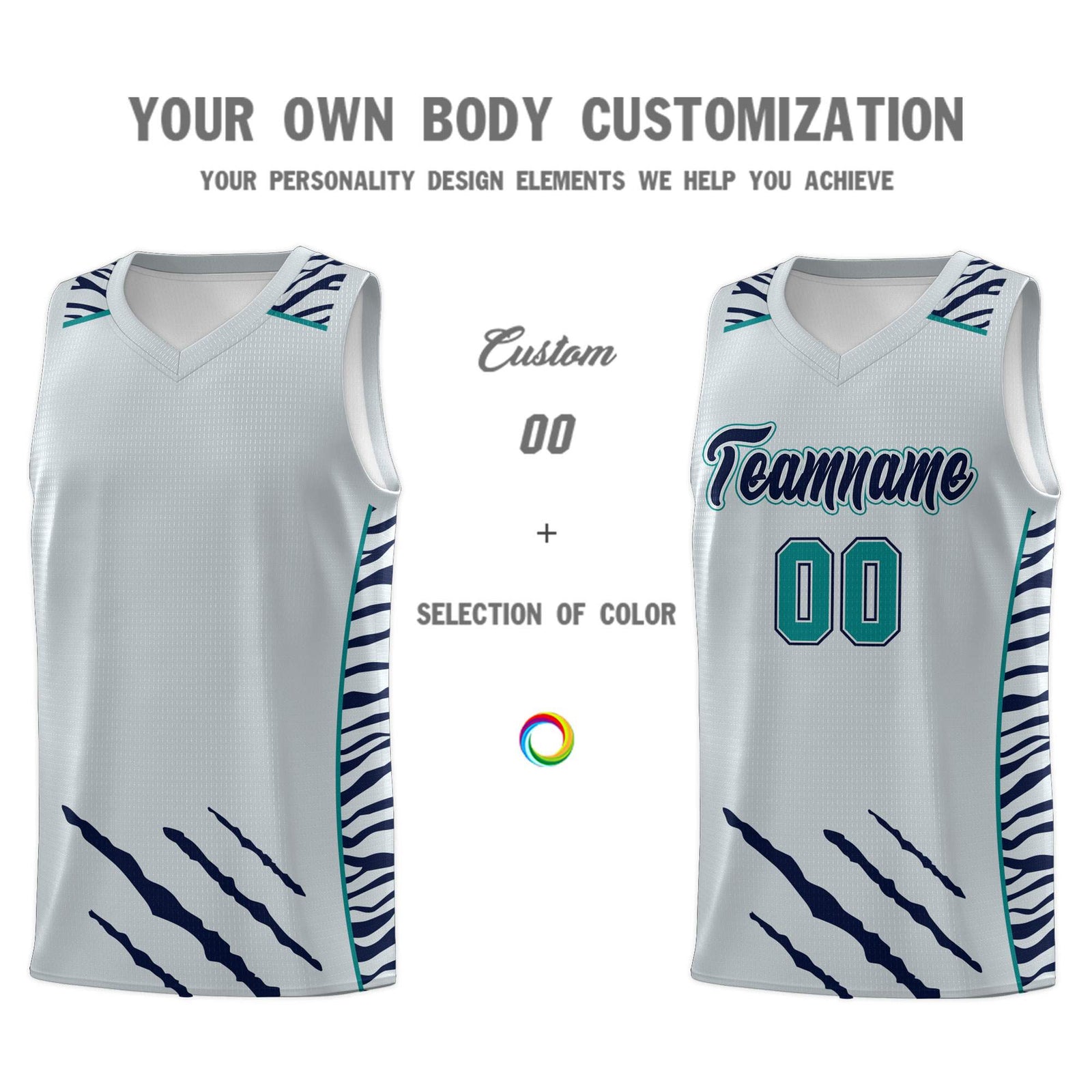 Custom Silver Personalized Tiger Claw Pattern Sports Uniform Basketball Jersey