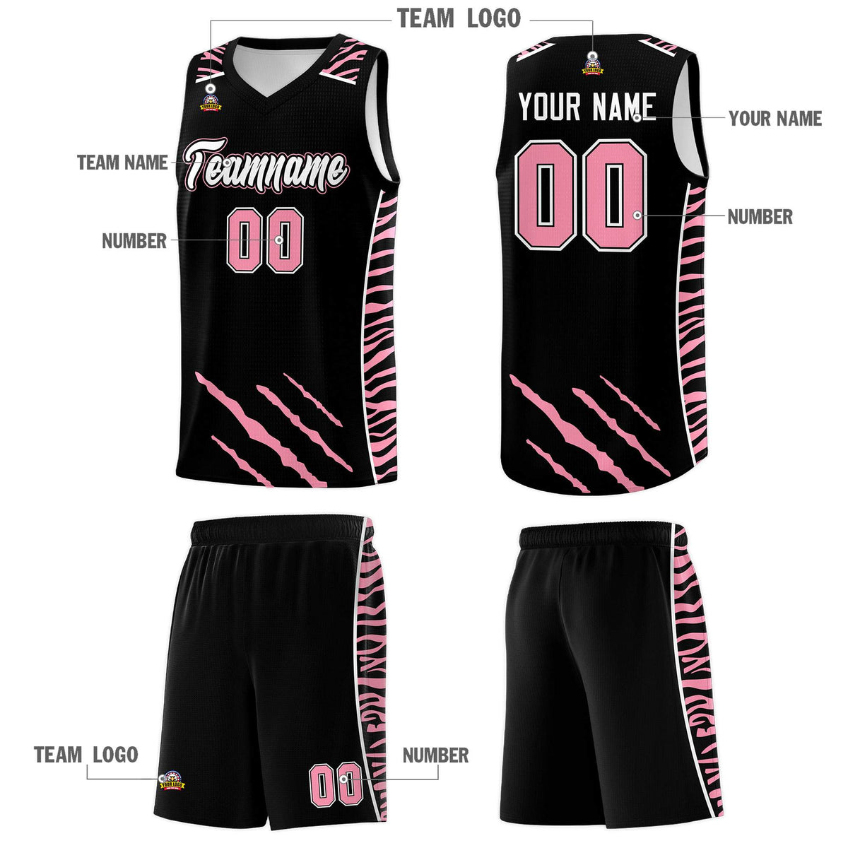 Custom Black Personalized Tiger Claw Pattern Sports Uniform Basketball Jersey