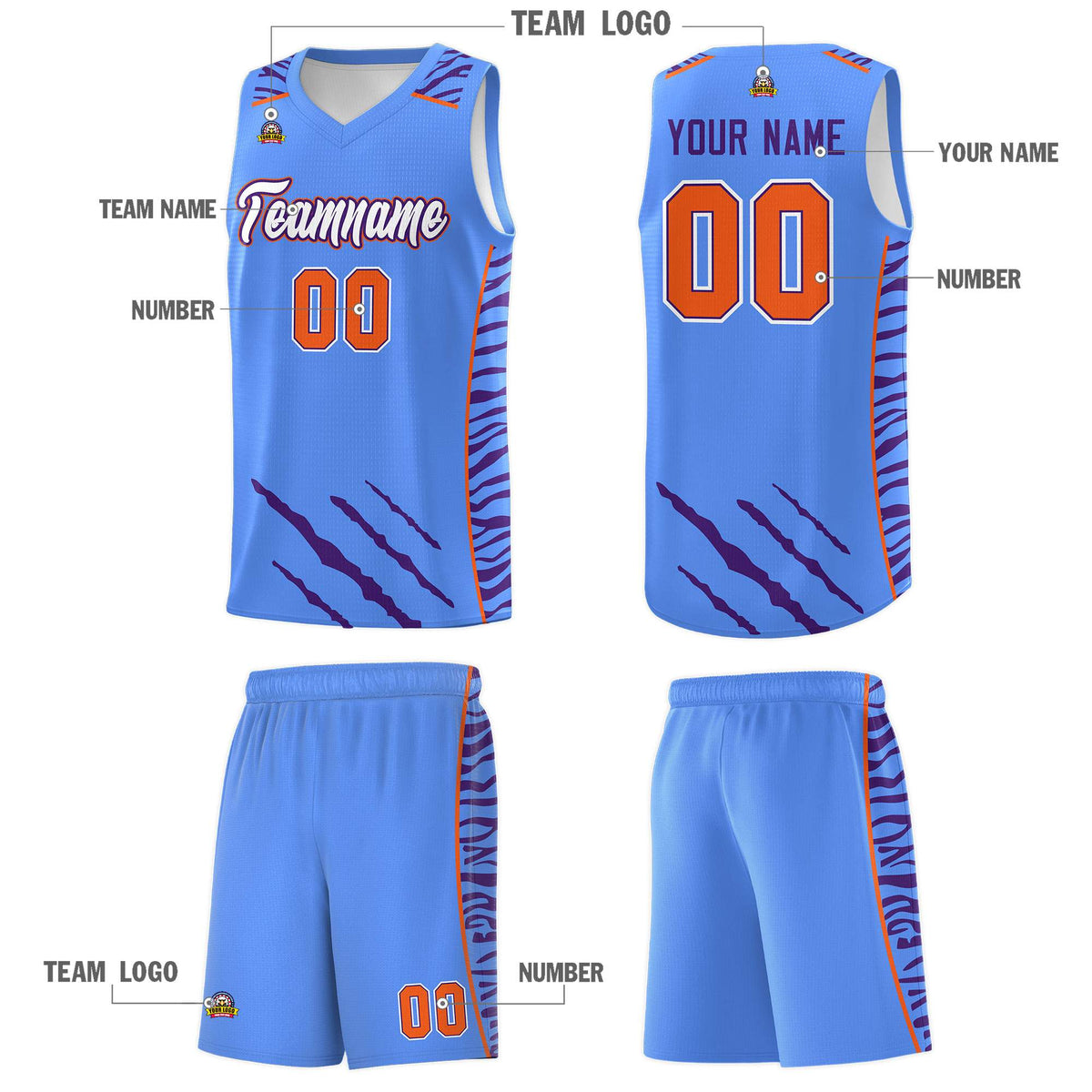 Custom Powder Blue Personalized Tiger Claw Pattern Sports Uniform Basketball Jersey