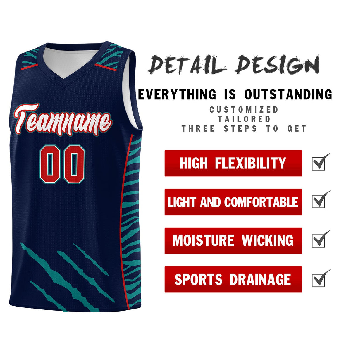 Custom Navy Personalized Tiger Claw Pattern Sports Uniform Basketball Jersey