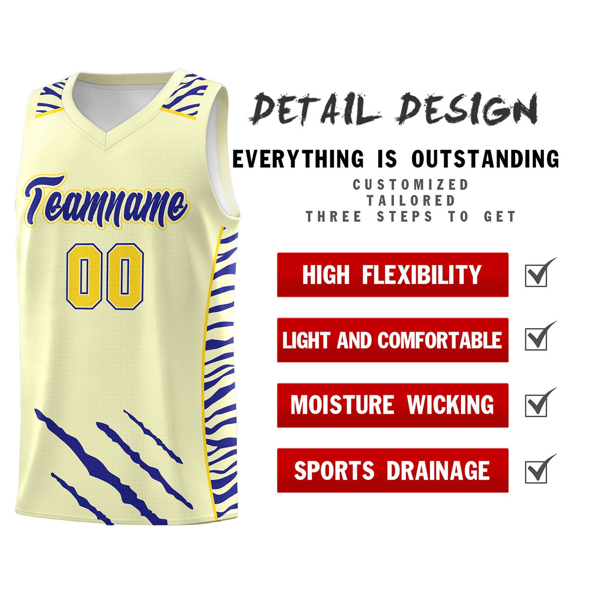 Custom Cream Personalized Tiger Claw Pattern Sports Uniform Basketball Jersey