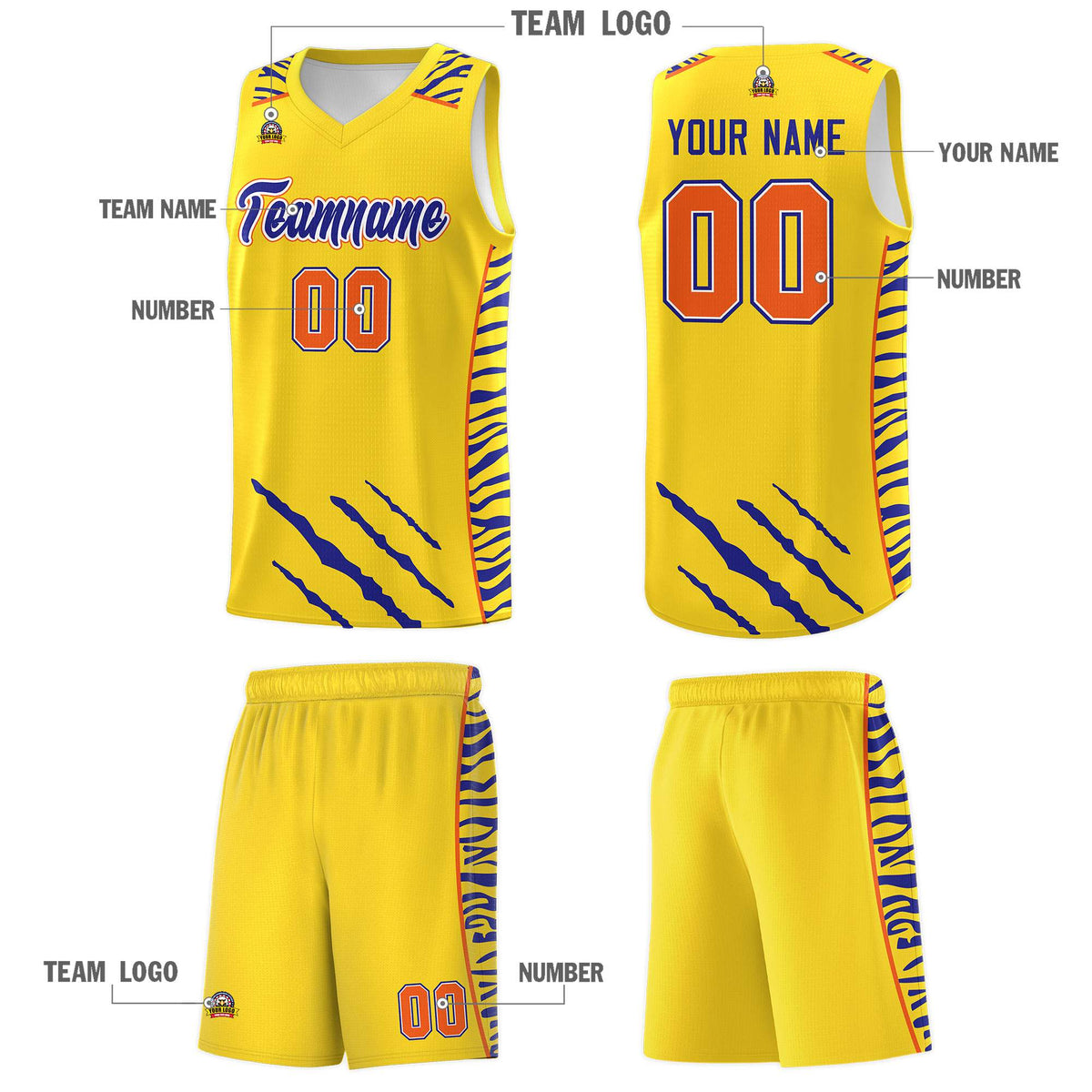 Custom Gold Personalized Tiger Claw Pattern Sports Uniform Basketball Jersey
