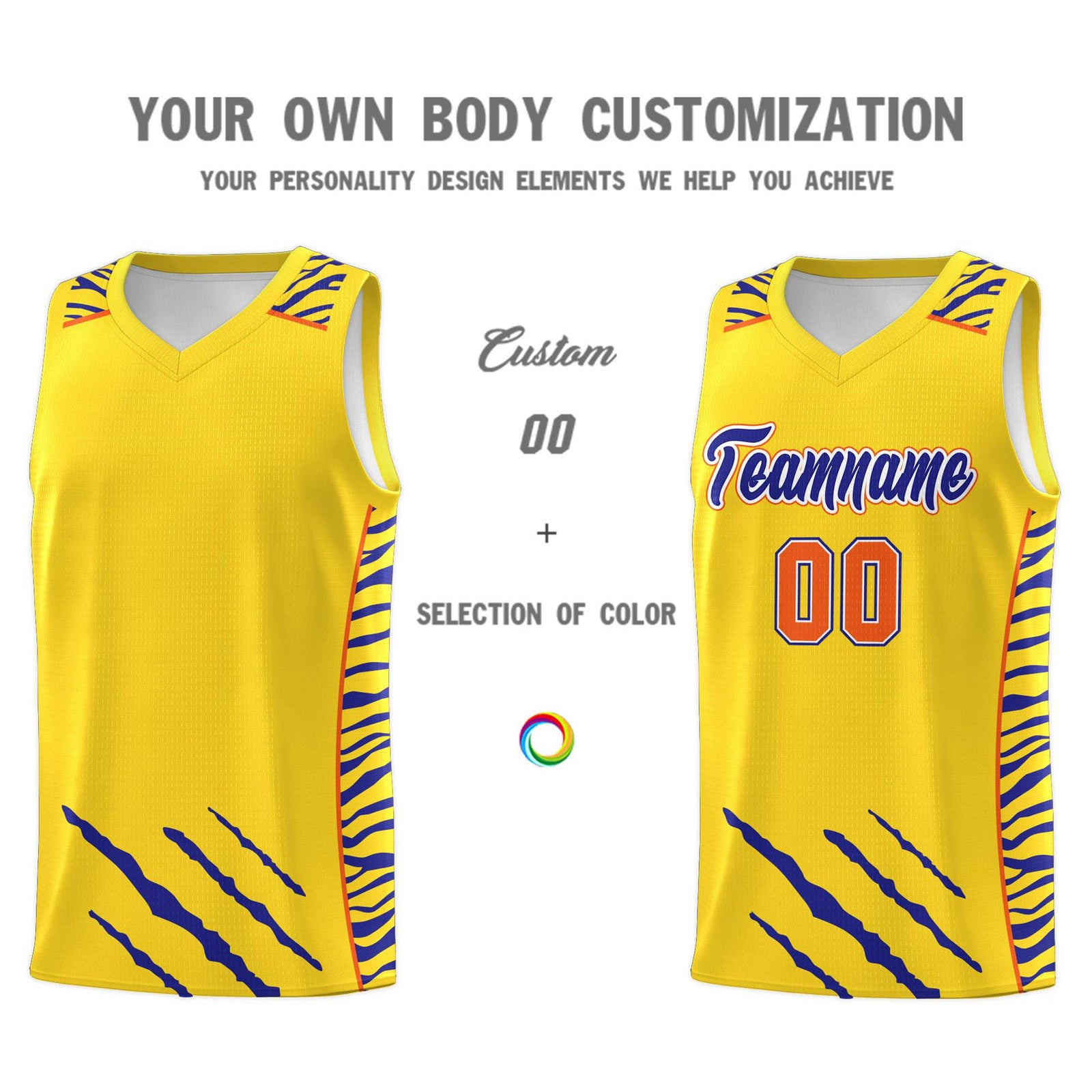 Custom Gold Personalized Tiger Claw Pattern Sports Uniform Basketball Jersey