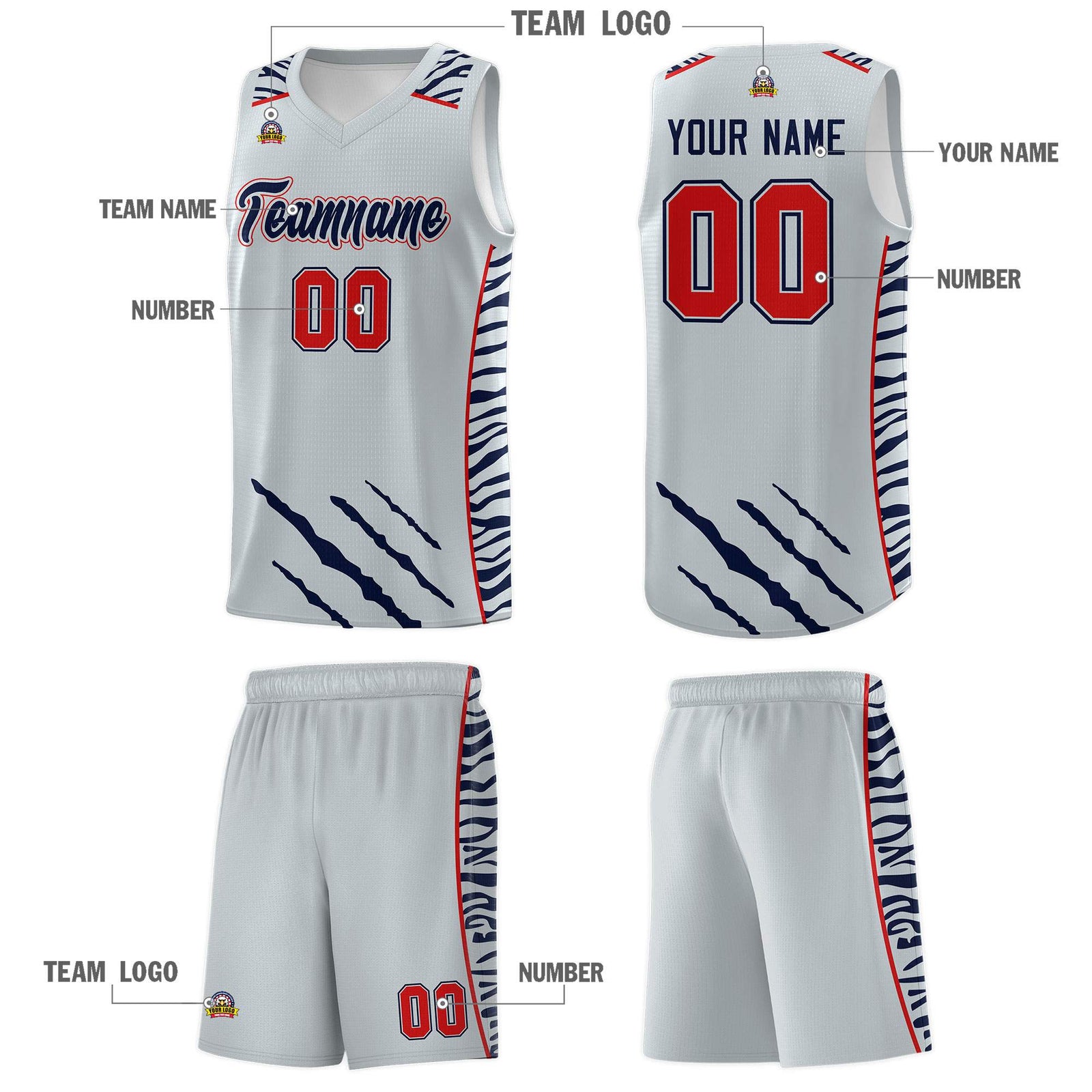 Custom Silver Personalized Tiger Claw Pattern Sports Uniform Basketball Jersey