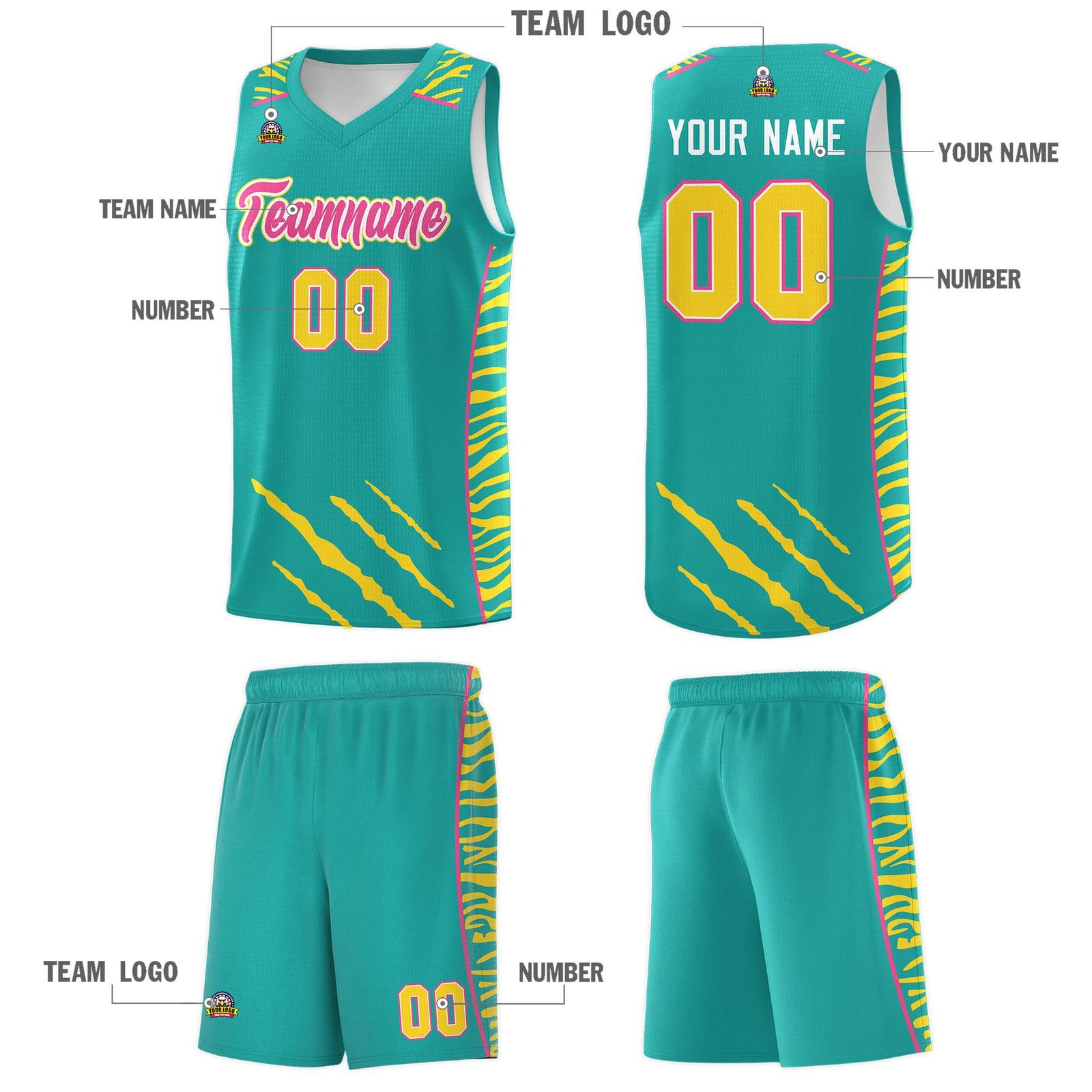 Custom Aqua Personalized Tiger Claw Pattern Sports Uniform Basketball Jersey