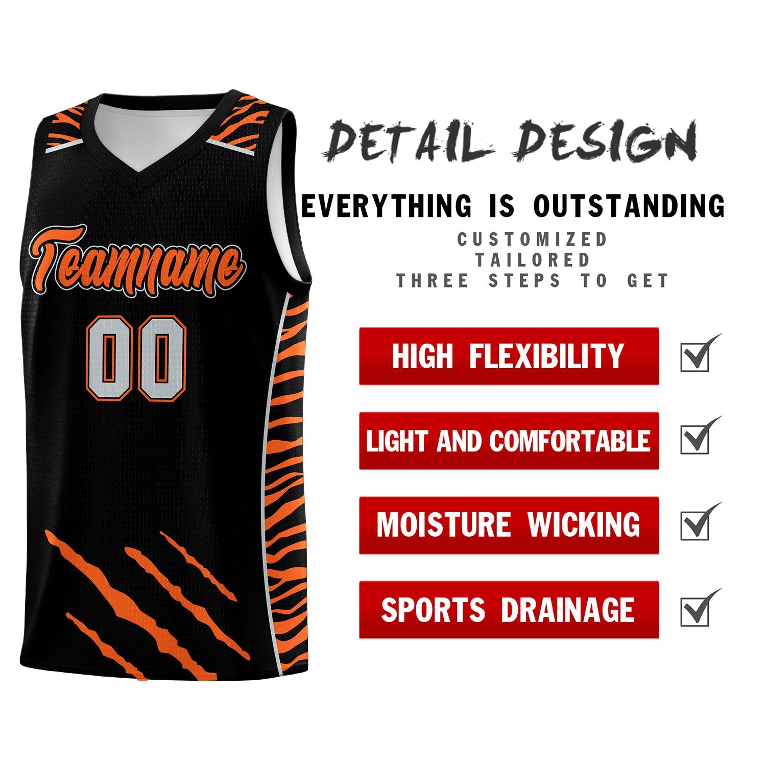 Custom Black Personalized Tiger Claw Pattern Sports Uniform Basketball Jersey