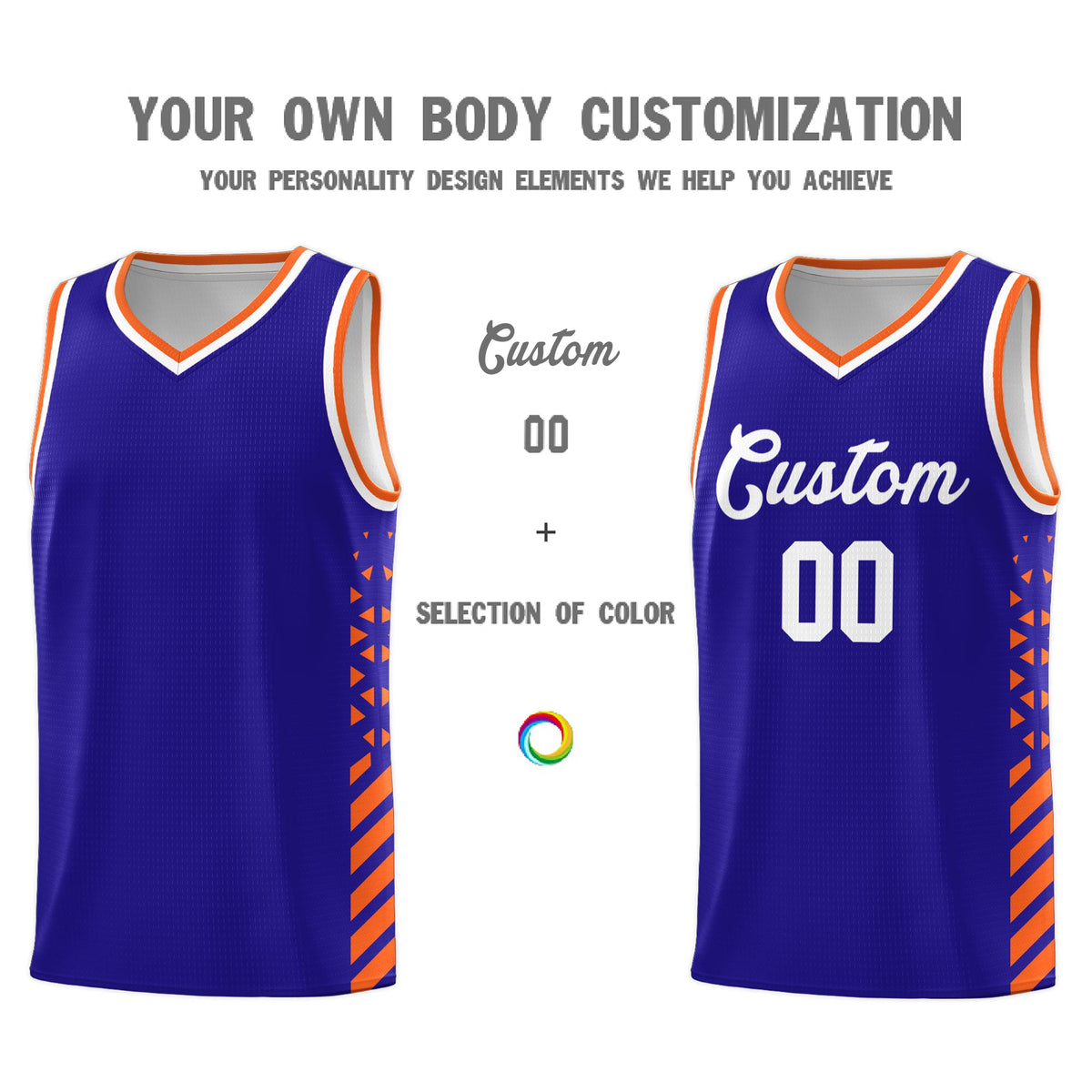 Custom Royal Blue Orange White Side Diamond Shapes Stripes Basketball Jersey | For Men,Sublimation Printed,Perfect for Teams,Perfect for Coaches | KXKSHOP