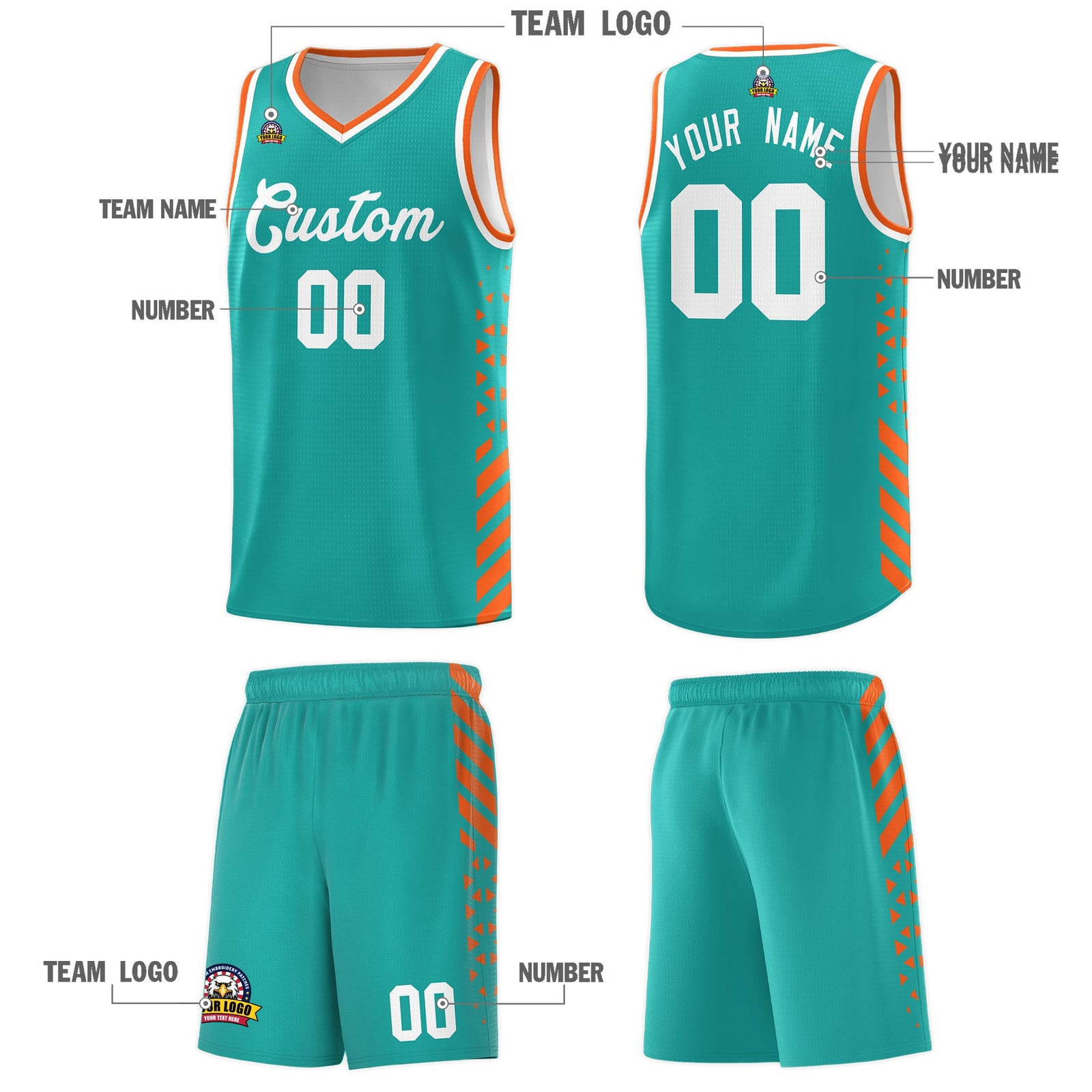 Custom Aqua Orange White Side Diamond Shapes Stripes Basketball Jersey | For Men,Sublimation Printed,Perfect for Teams,Perfect for Coaches | KXKSHOP