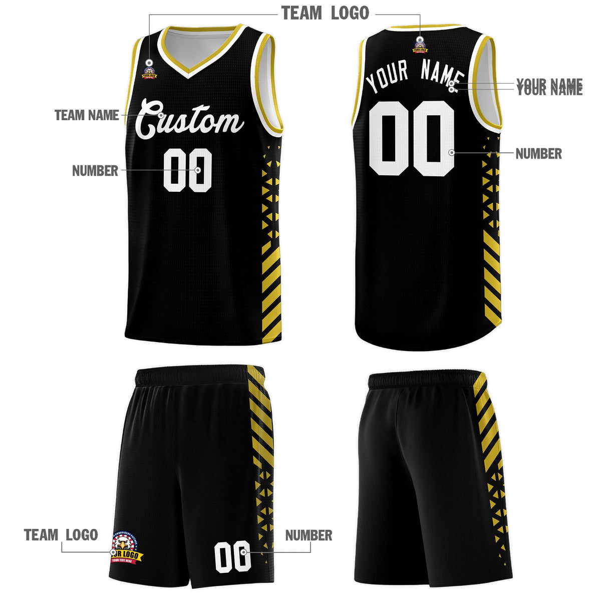 Custom Black Old Gold White Side Diamond Shapes Stripes Basketball Jersey | For Men,Sublimation Printed,Perfect for Teams,Perfect for Coaches | KXKSHOP