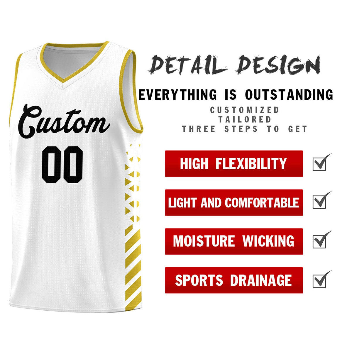 Custom White Old Gold Side Diamond Shapes Stripes Basketball Jersey | For Men,Sublimation Printed,Perfect for Teams,Perfect for Coaches | KXKSHOP
