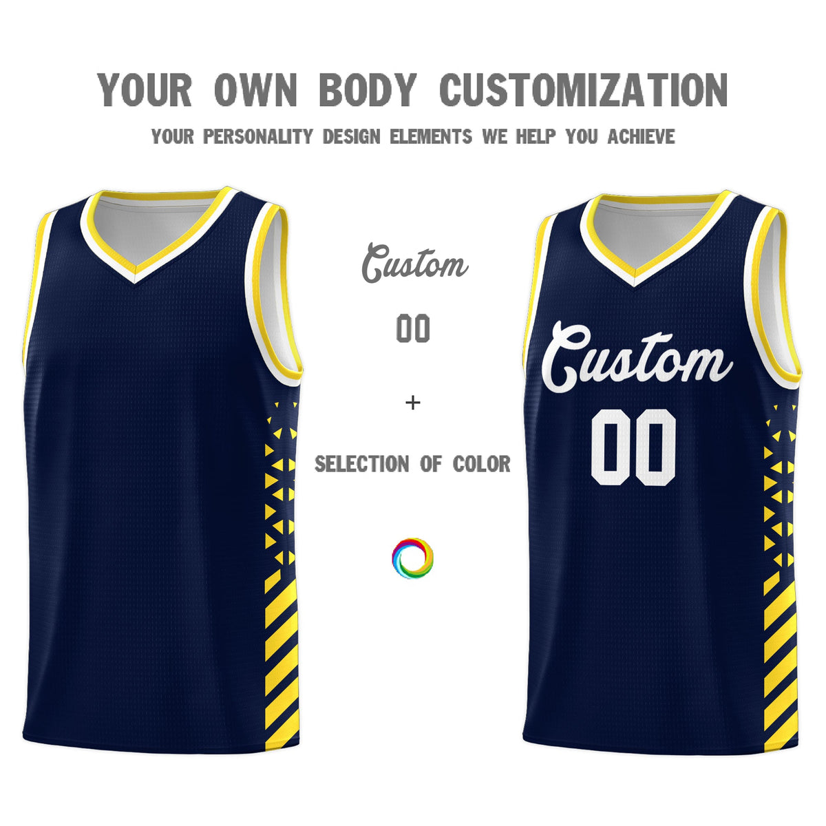 Custom Navy Gold White Side Diamond Shapes Stripes Basketball Jersey | For Men,Sublimation Printed,Perfect for Teams,Perfect for Coaches | KXKSHOP