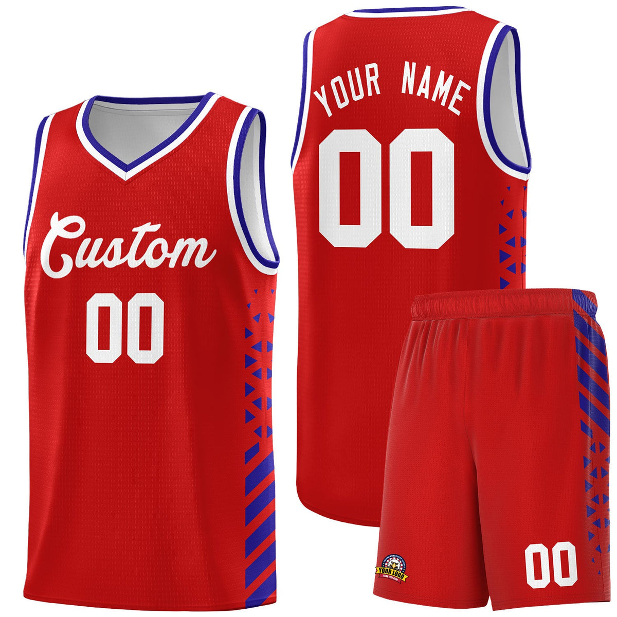 Custom Red Royal Blue White Side Diamond Shapes Stripes Basketball Jersey | For Men,Sublimation Printed,Perfect for Teams,Perfect for Coaches | KXKSHOP
