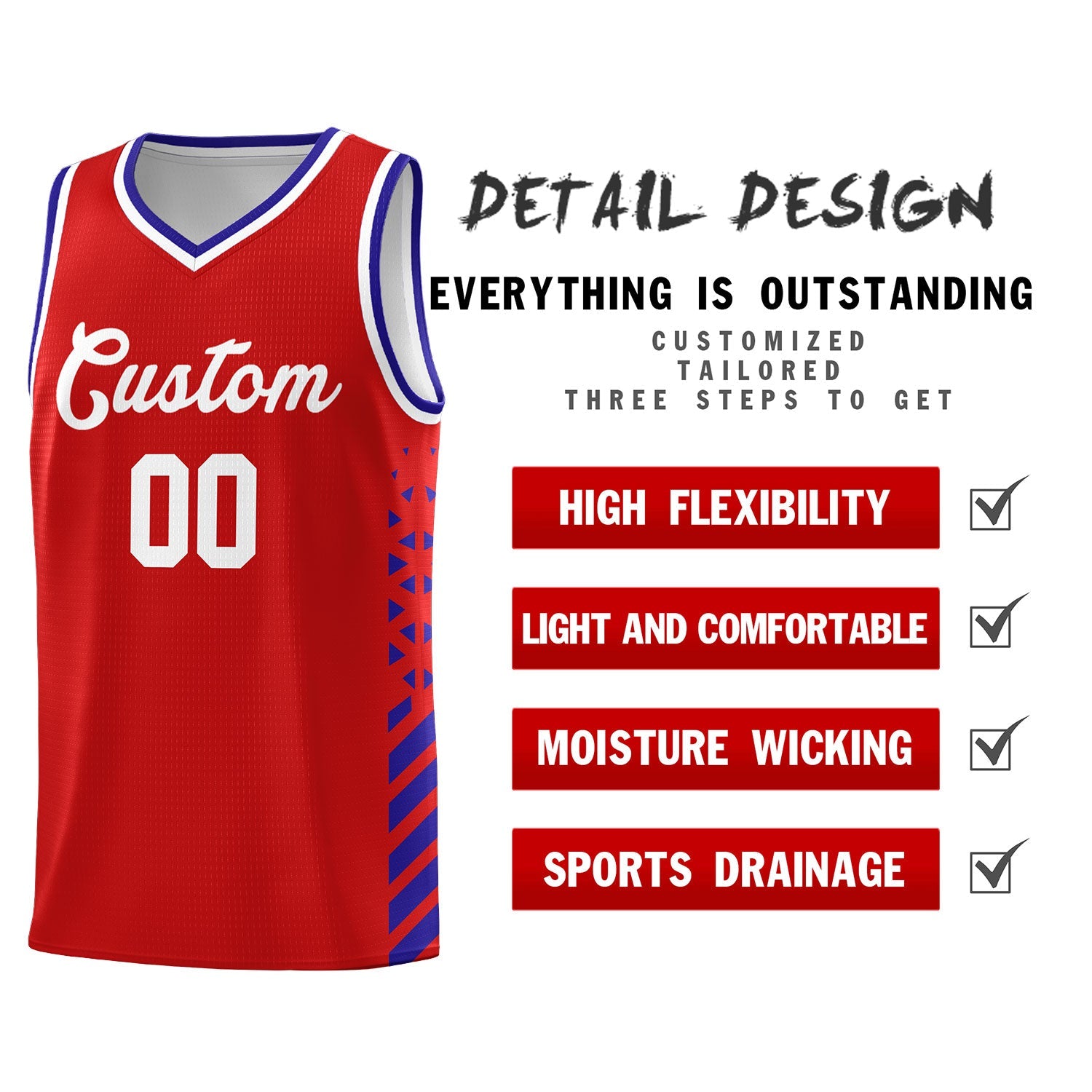 Custom Red Royal Blue White Side Diamond Shapes Stripes Basketball Jersey | For Men,Sublimation Printed,Perfect for Teams,Perfect for Coaches | KXKSHOP