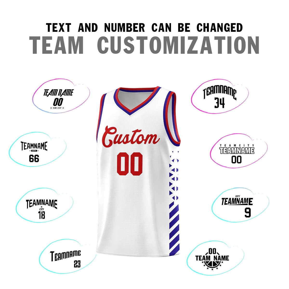Custom White Royal Blue Red Side Diamond Shapes Stripes Basketball Jersey | For Men,Sublimation Printed,Perfect for Teams,Perfect for Coaches | KXKSHOP