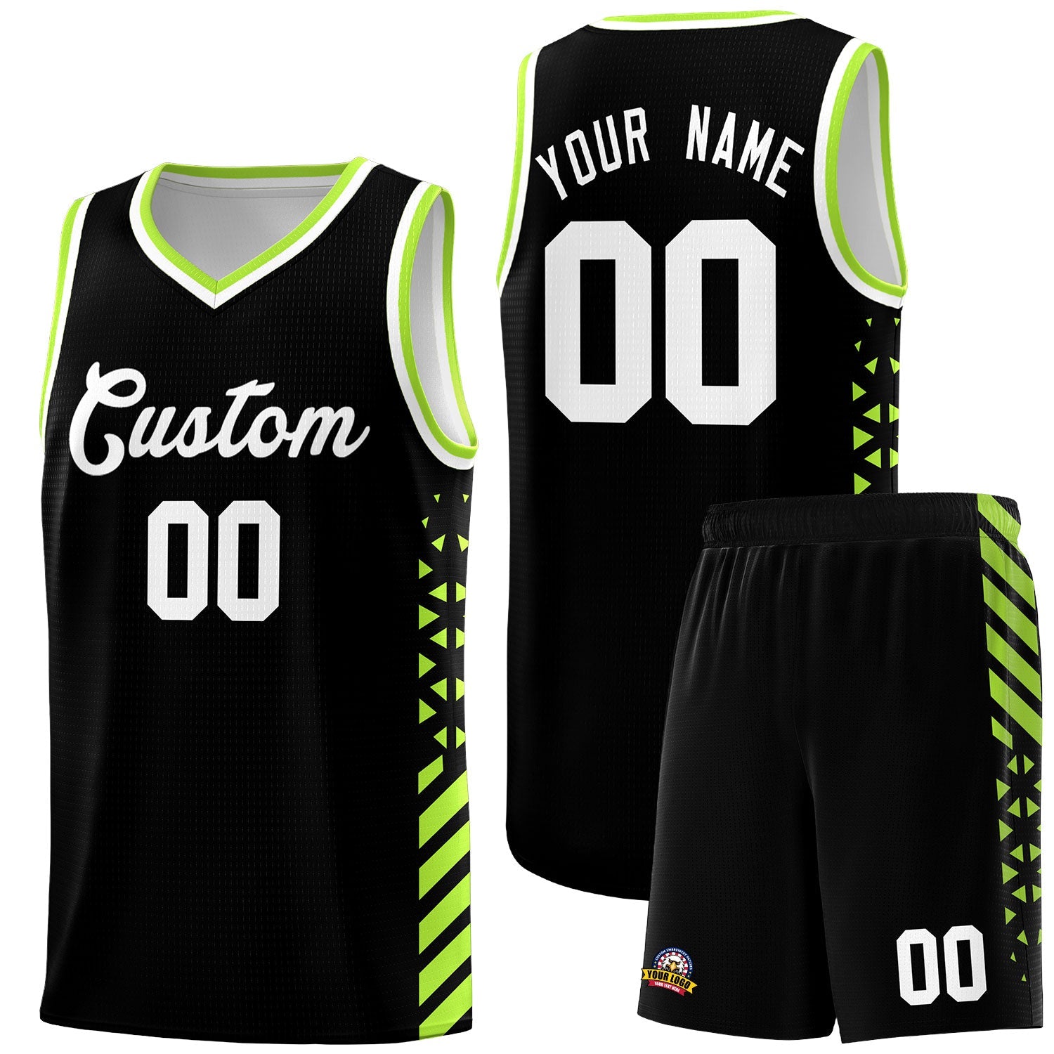 Custom Black Neon Green White Side Diamond Shapes Stripes Basketball Jersey | For Men,Sublimation Printed,Perfect for Teams,Perfect for Coaches | KXKSHOP