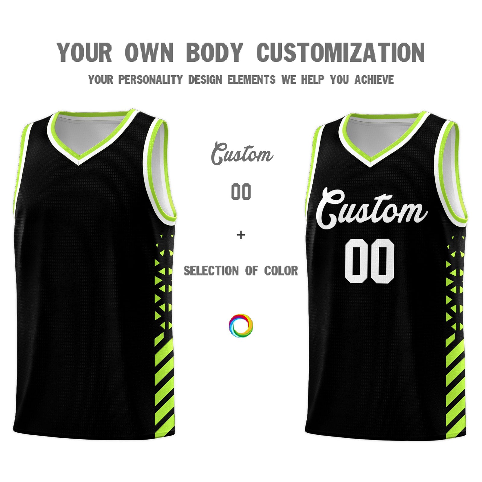 Custom Black Neon Green White Side Diamond Shapes Stripes Basketball Jersey | For Men,Sublimation Printed,Perfect for Teams,Perfect for Coaches | KXKSHOP