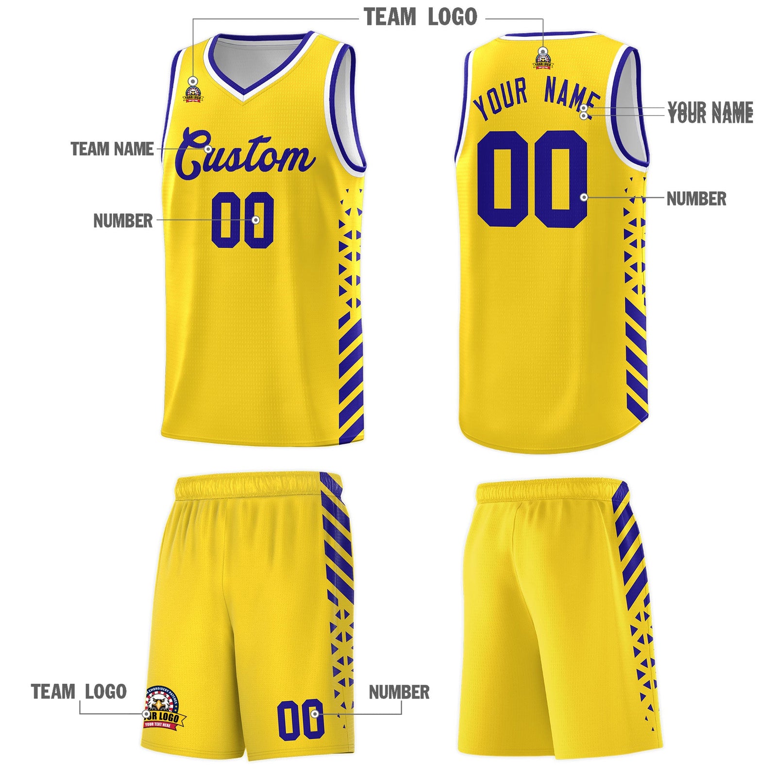 Custom Gold Royal Blue White Side Diamond Shapes Stripes Basketball Jersey | For Men,Sublimation Printed,Perfect for Teams,Perfect for Coaches | KXKSHOP