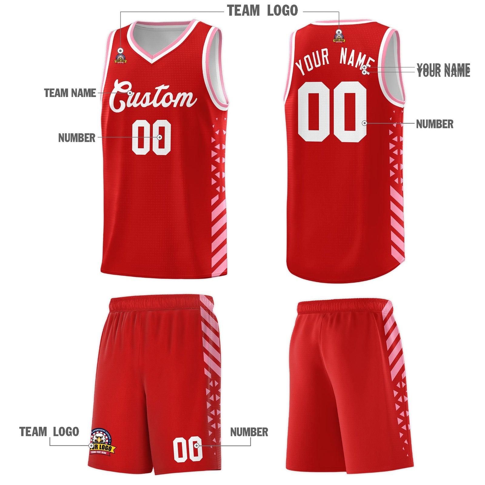 Custom Red Light Pink White Side Diamond Shapes Stripes Basketball Jersey | For Men,Sublimation Printed,Perfect for Teams,Perfect for Coaches | KXKSHOP