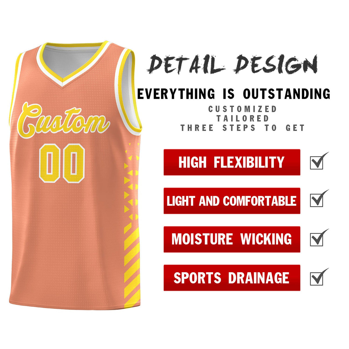 Custom Light Orange Gold White Side Diamond Shapes Stripes Basketball Jersey | For Men,Sublimation Printed,Perfect for Teams,Perfect for Coaches | KXKSHOP
