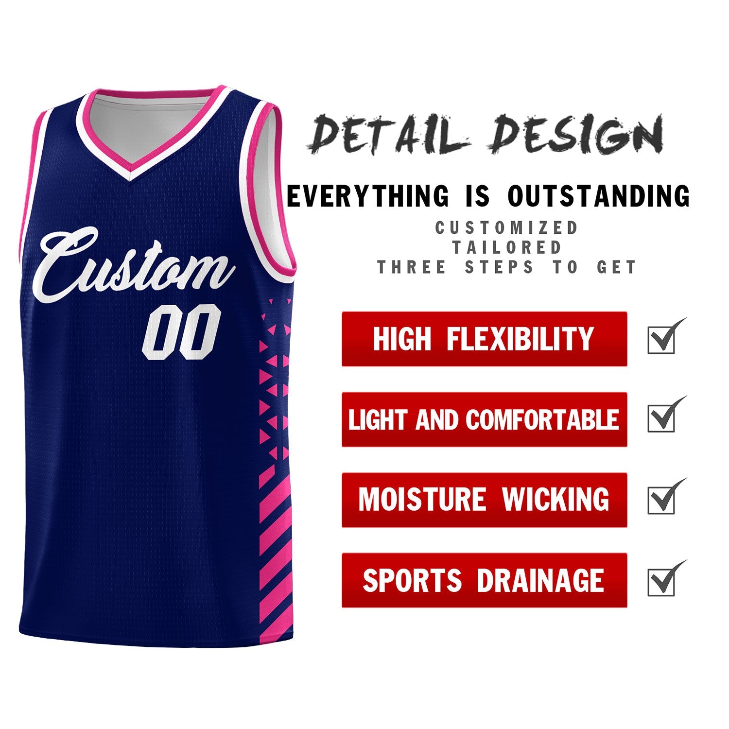 Custom Navy Rose Red White Side Diamond Shapes Stripes Basketball Jersey | For Men,Sublimation Printed,Perfect for Teams,Perfect for Coaches | KXKSHOP