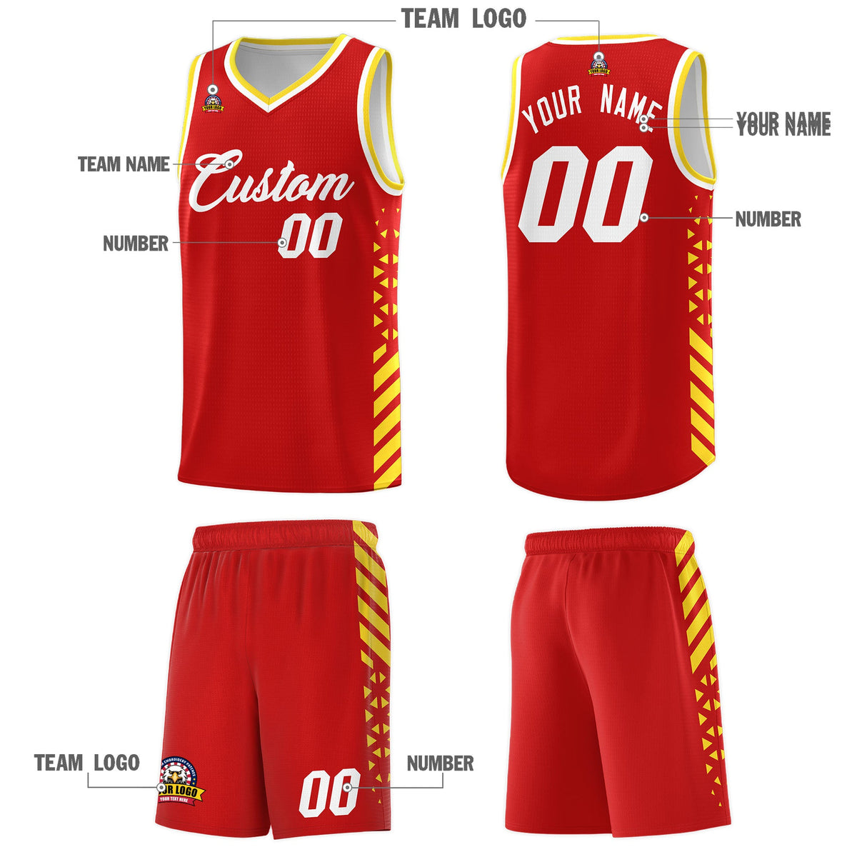 Custom Red Gold White Side Diamond Shapes Stripes Basketball Jersey | For Men,Sublimation Printed,Perfect for Teams,Perfect for Coaches | KXKSHOP