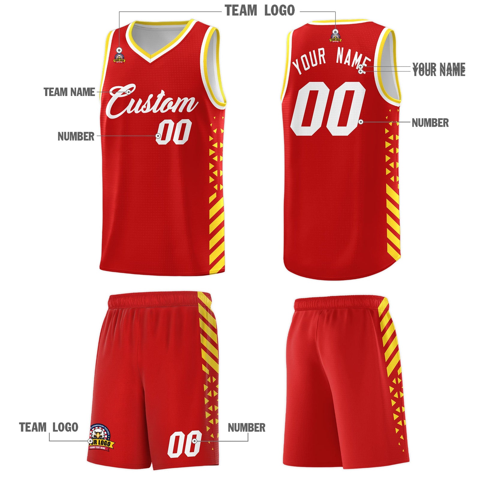 Custom Red Gold White Side Diamond Shapes Stripes Basketball Jersey | For Men,Sublimation Printed,Perfect for Teams,Perfect for Coaches | KXKSHOP