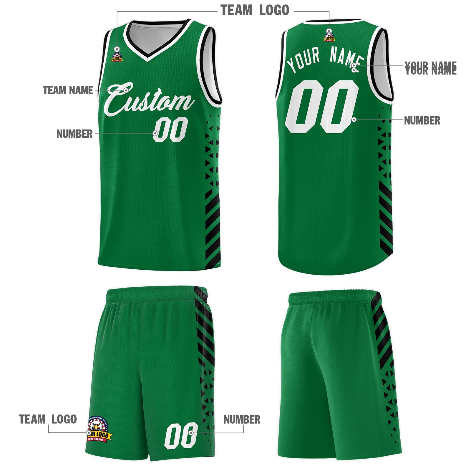 Custom Kelly Green Black White Side Diamond Shapes Stripes Basketball Jersey | For Men,Sublimation Printed,Perfect for Teams,Perfect for Coaches | KXKSHOP