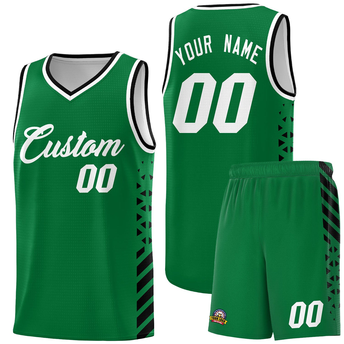 Custom Kelly Green Black White Side Diamond Shapes Stripes Basketball Jersey | For Men,Sublimation Printed,Perfect for Teams,Perfect for Coaches | KXKSHOP