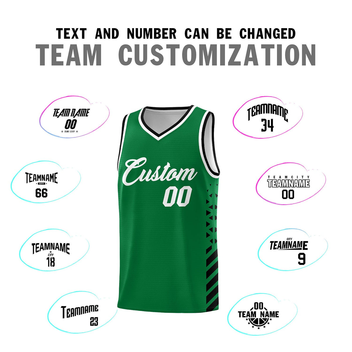 Custom Kelly Green Black White Side Diamond Shapes Stripes Basketball Jersey | For Men,Sublimation Printed,Perfect for Teams,Perfect for Coaches | KXKSHOP