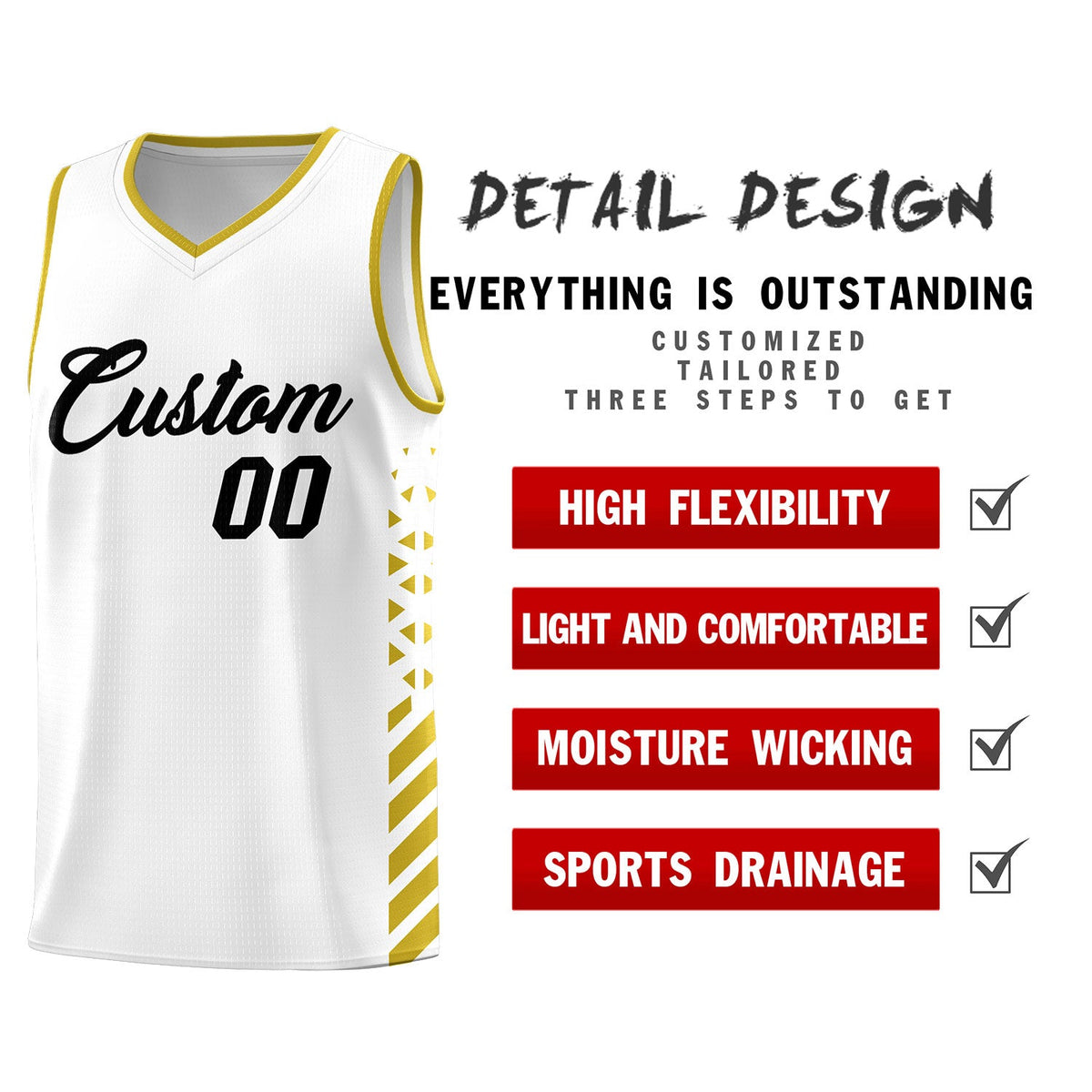 Custom White Old Gold Side Diamond Shapes Stripes Basketball Jersey | For Men,Sublimation Printed,Perfect for Teams,Perfect for Coaches | KXKSHOP