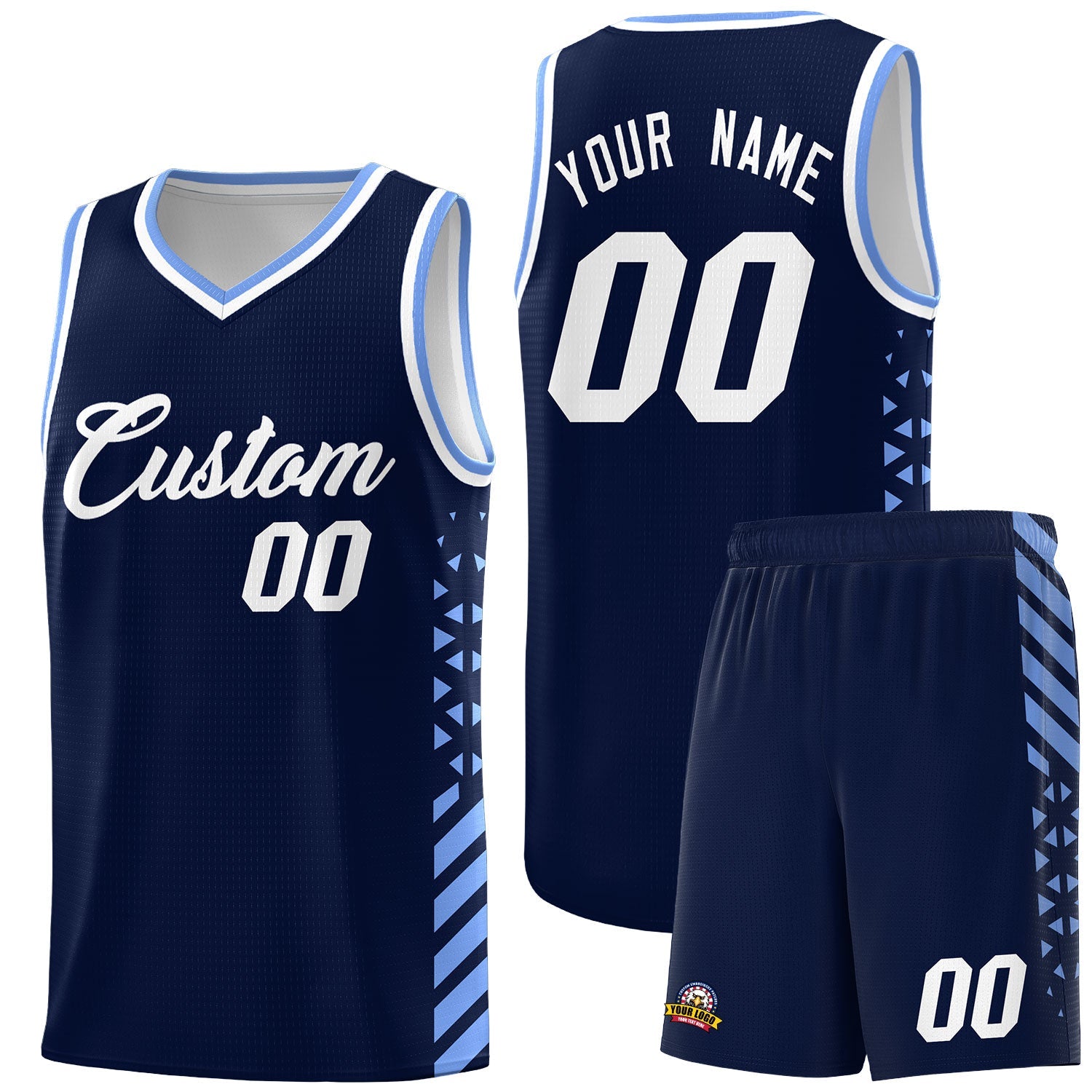 Custom Navy Light Blue White Side Diamond Shapes Stripes Basketball Jersey | For Men,Sublimation Printed,Perfect for Teams,Perfect for Coaches | KXKSHOP
