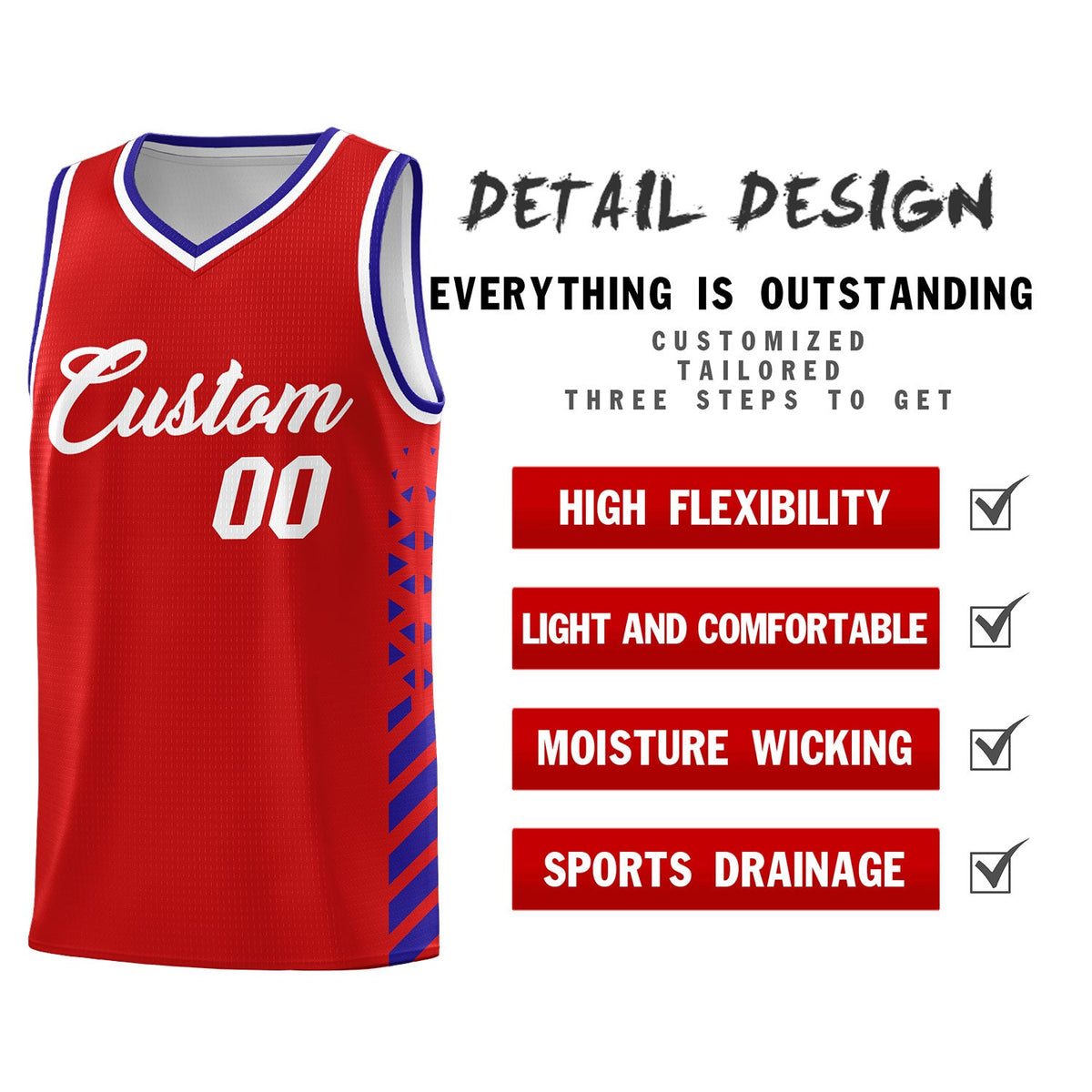 Custom Red Royal Blue White Side Diamond Shapes Stripes Basketball Jersey | For Men,Sublimation Printed,Perfect for Teams,Perfect for Coaches | KXKSHOP