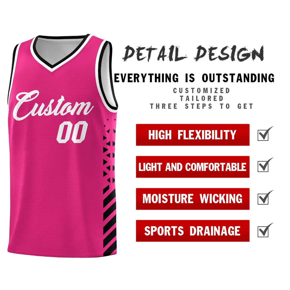 Custom Rose Red Black White Side Diamond Shapes Stripes Basketball Jersey | For Men,Sublimation Printed,Perfect for Teams,Perfect for Coaches | KXKSHOP